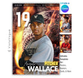 Baseball trading card and poster template editable in Canva with fire flames and oversized baseball texture backdrop surrounding the athlete