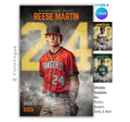 Baseball senior night poster and player banner template editable in Canva with oversized glowing dotted scoreboard-style number and smoky dark backdrop behind the full-body athlete