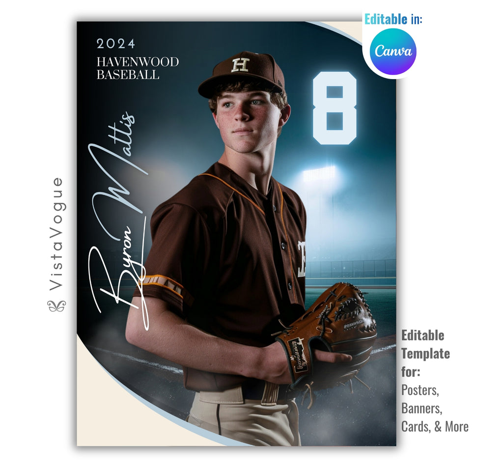 Baseball senior night poster and player banner template editable in Canva with glowing stadium lights backdrop and curved white panel overlay behind the full-body athlete