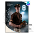 Baseball senior night poster and player banner template editable in Canva with glowing stadium lights backdrop and curved white panel overlay behind the full-body athlete