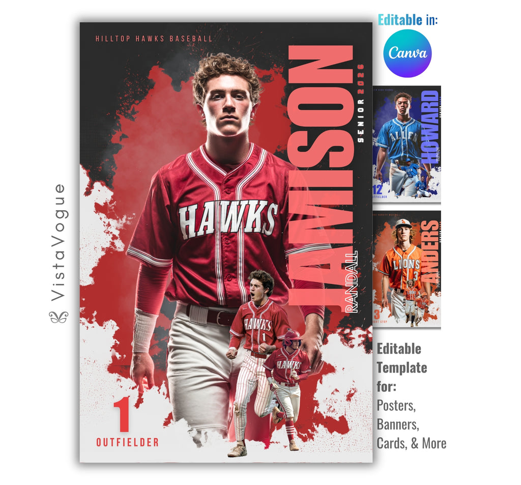 Baseball senior banner template editable in Canva with grunge burst background, layered athlete action poses, and high-impact sports poster design