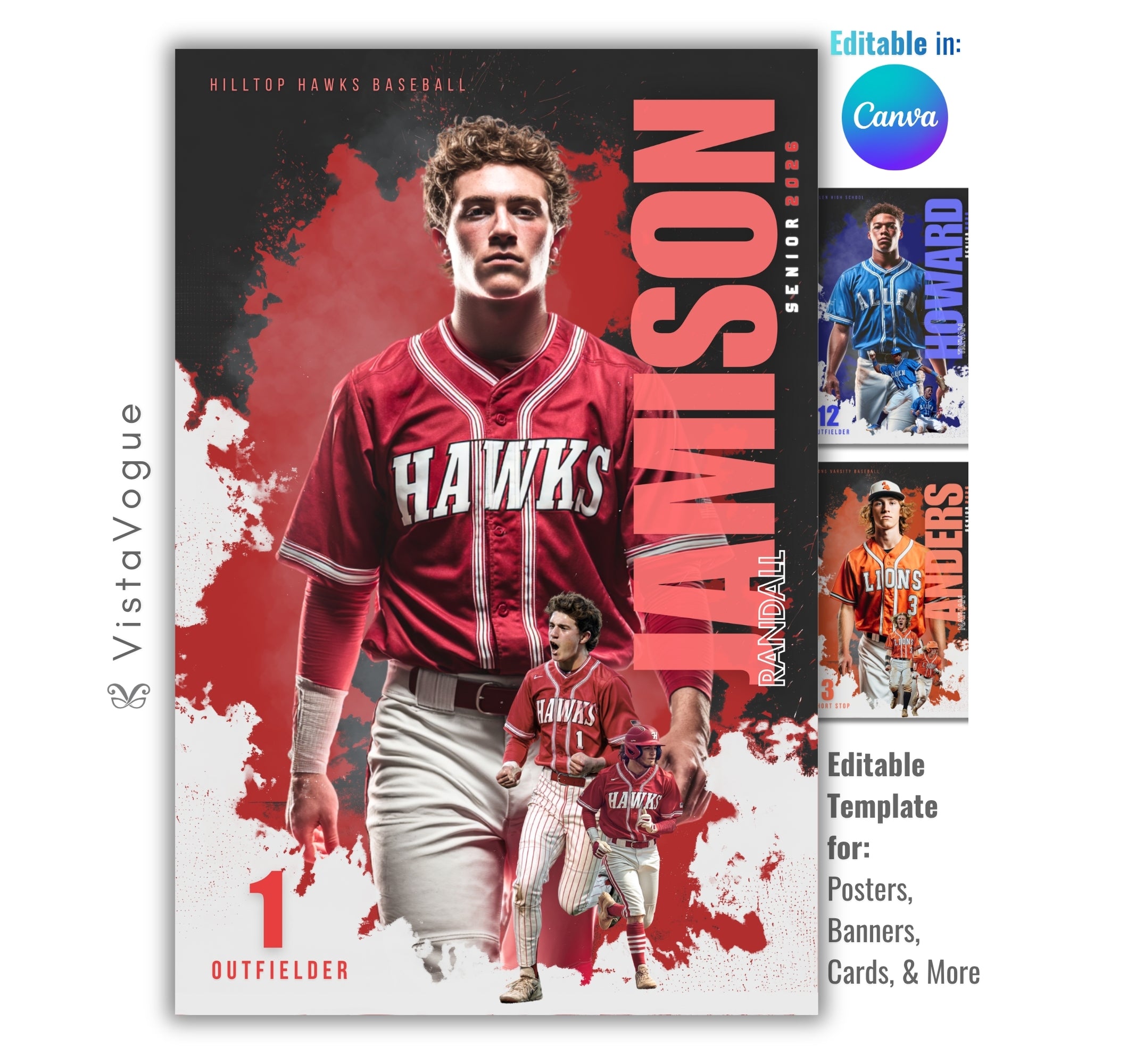 Baseball senior banner template editable in Canva with grunge burst background, layered athlete action poses, and high-impact sports poster design