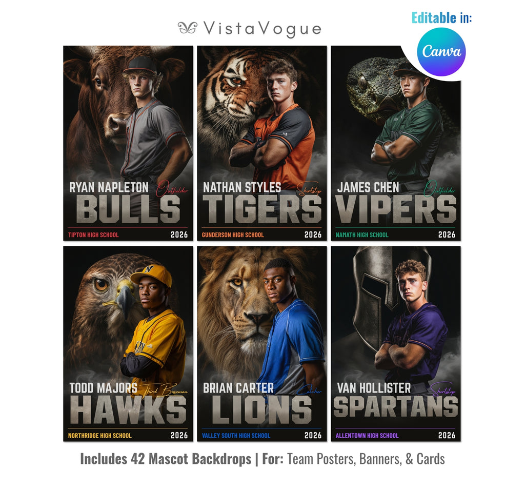 Baseball sports card and poster template editable in Canva with realistic mascot animal backdrop layered behind the athlete and bold team name typography