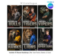 Baseball sports card and poster template editable in Canva with realistic mascot animal backdrop layered behind the athlete and bold team name typography