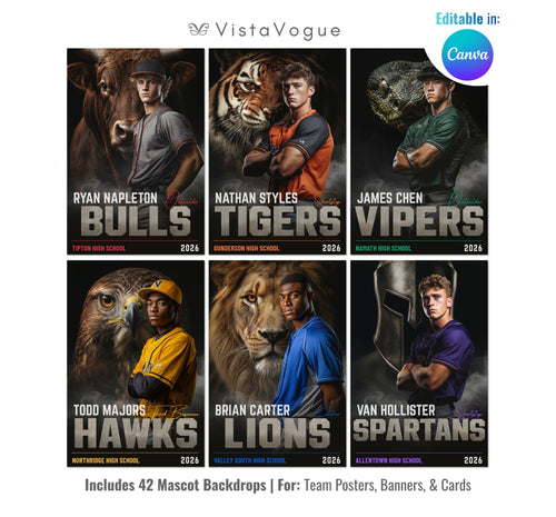 Baseball sports card and poster template editable in Canva with realistic mascot animal backdrop layered behind the athlete and bold team name typography