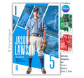 Baseball senior night poster and player banner template editable in Canva with diagonal geometric panel layout featuring multiple action photos layered behind the full-body athlete