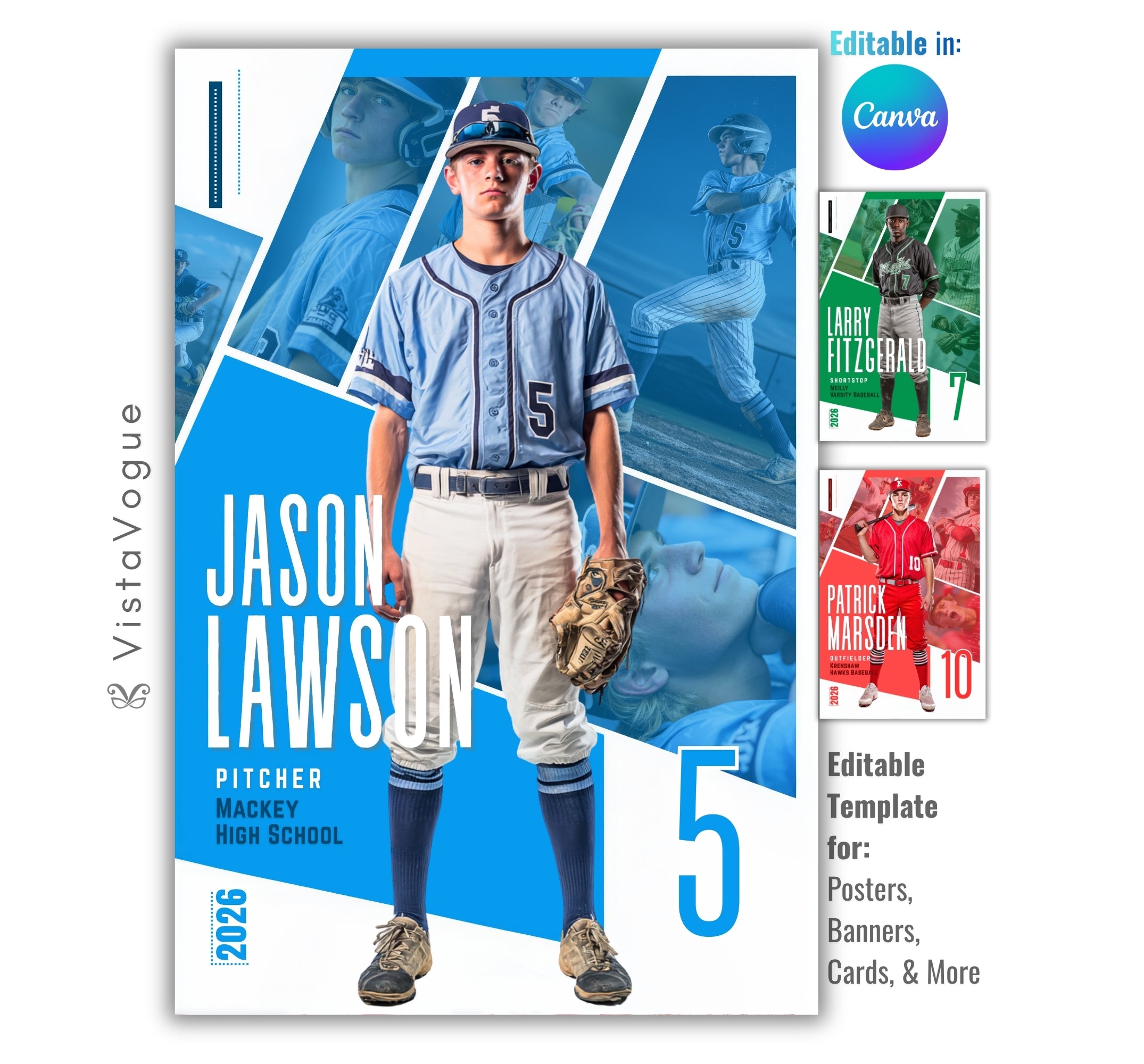 Baseball senior night poster and player banner template editable in Canva with diagonal geometric panel layout featuring multiple action photos layered behind the full-body athlete
