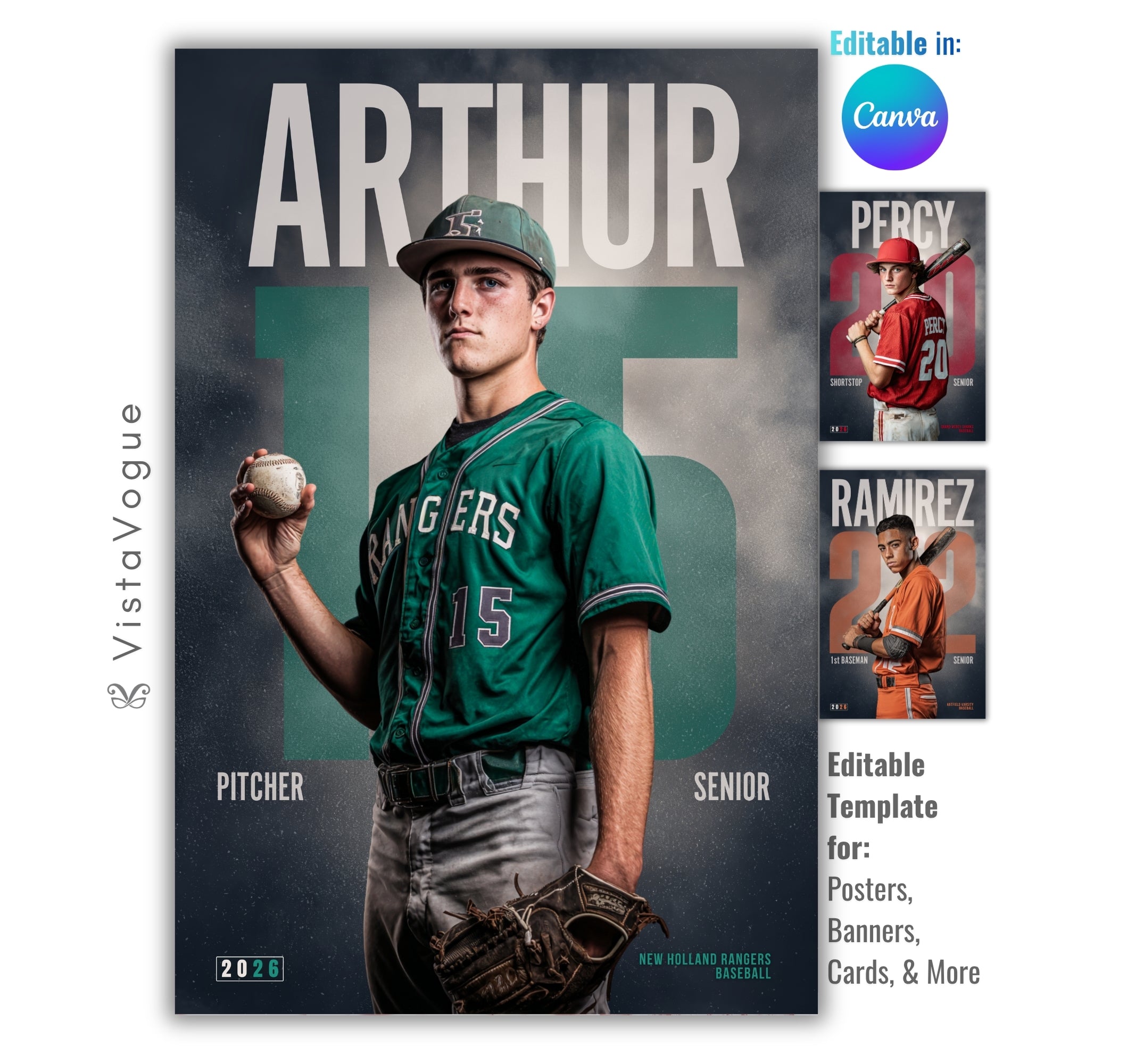 Baseball senior night poster template editable in Canva with oversized jersey number background, smoky textures, and customizable player banner layout for sports graphics