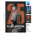 Baseball poster template editable in Canva with oversized jersey number graphic behind the athlete and grunge texture overlay on a dark background