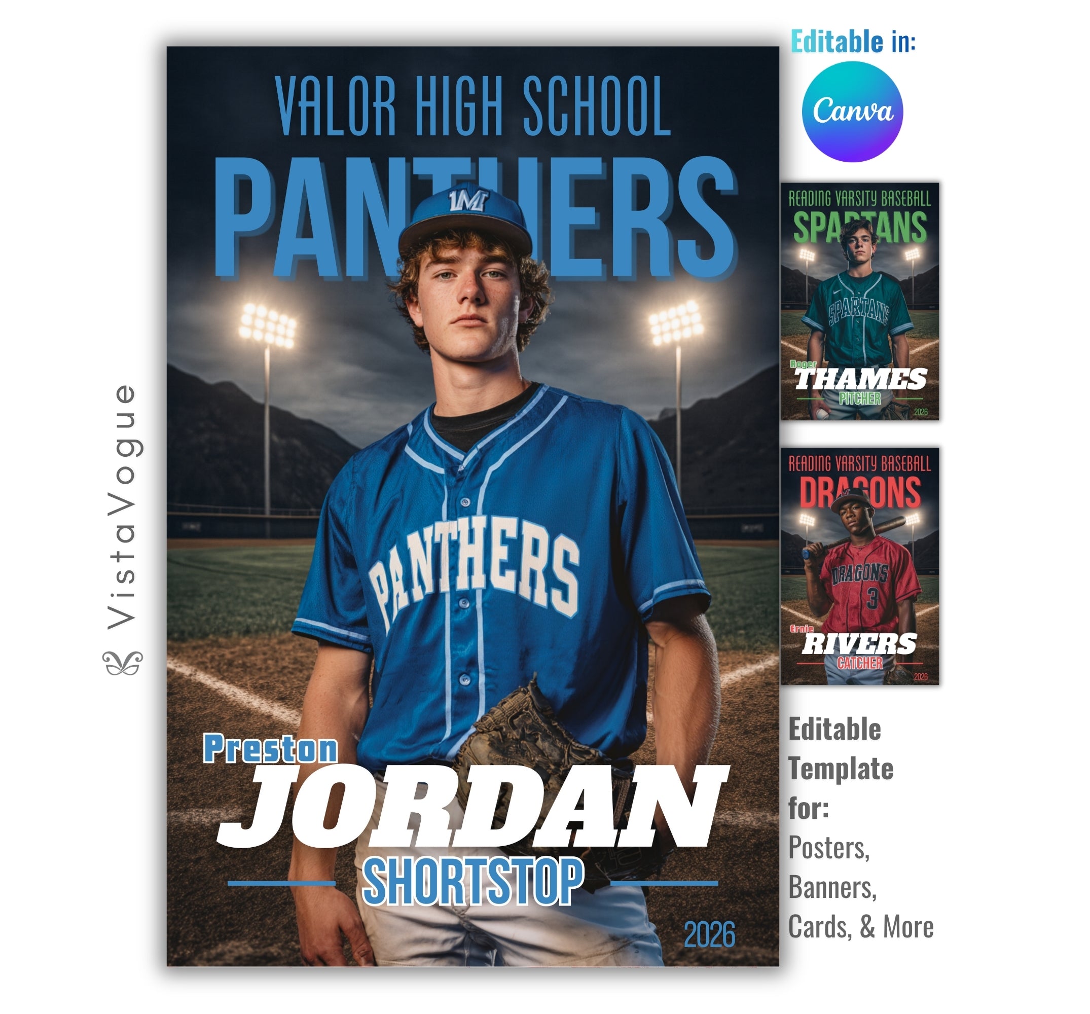 Baseball senior night poster and player banner template editable in Canva with oversized team name typography and glowing stadium lights over a dirt field backdrop behind the full-body athlete