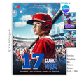 Baseball sports card and poster template editable in Canva with packed stadium crowd and confetti backdrop behind the athlete