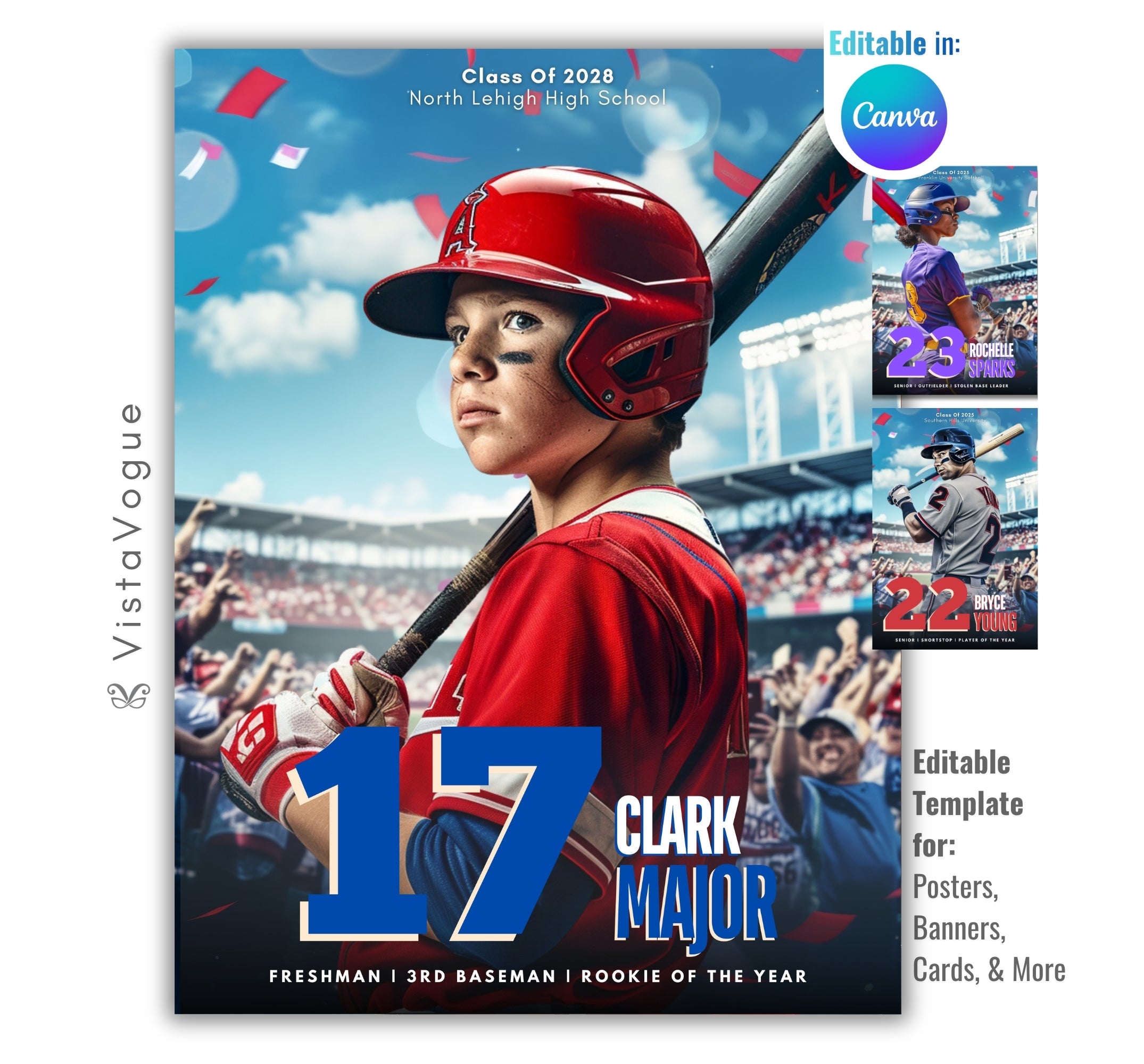 Baseball sports card and poster template editable in Canva with packed stadium crowd and confetti backdrop behind the athlete