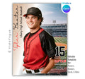 Baseball trading card and poster template editable in Canva with open stadium field backdrop, confetti burst, and vintage grunge texture overlay
