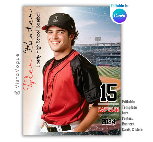 Baseball trading card and poster template editable in Canva with open stadium field backdrop, confetti burst, and vintage grunge texture overlay