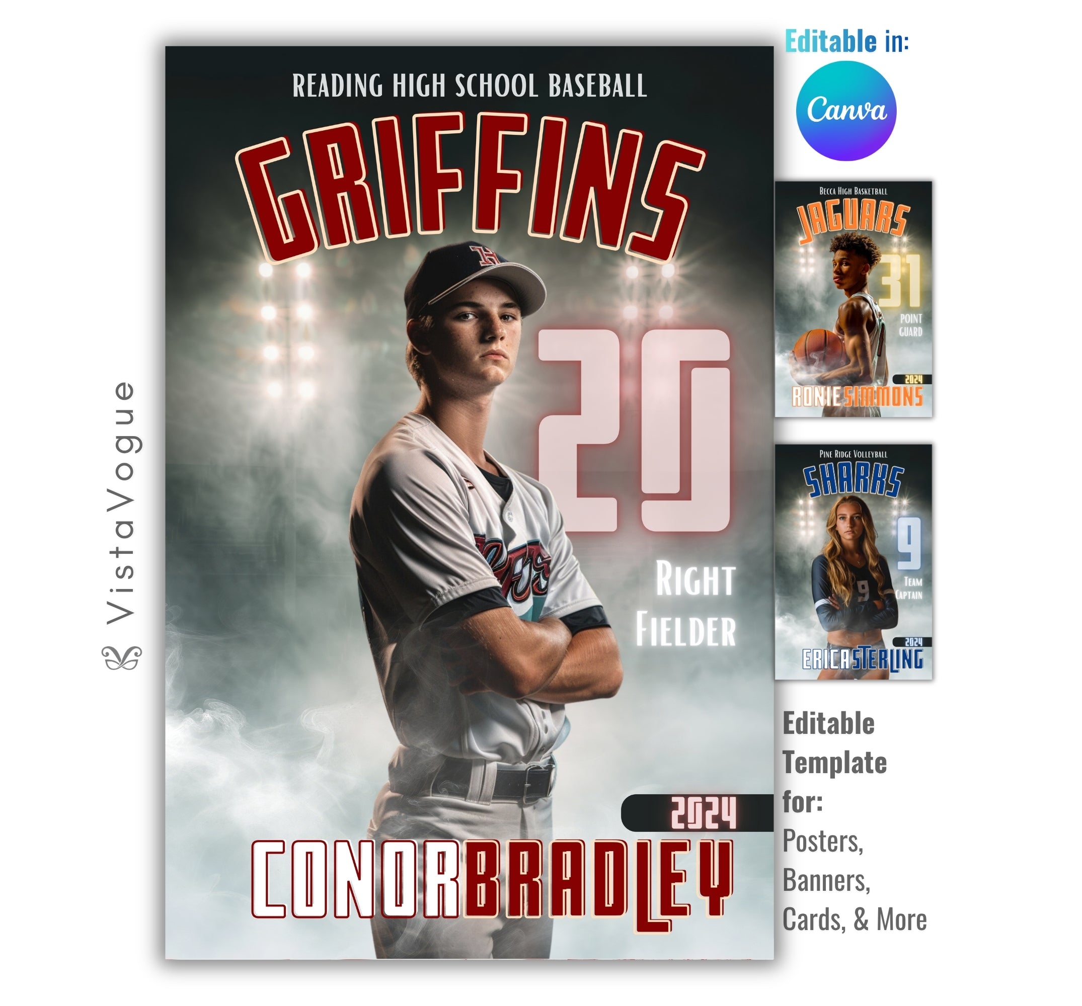 Baseball senior night banner template editable in Canva with stadium light background, smoky effects, and customizable athlete poster layout for baseball player graphics and sports banners