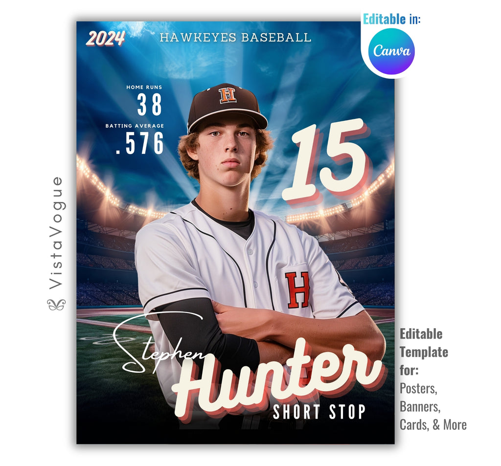 Baseball trading card and poster template editable in Canva with glowing stadium spotlight backdrop and player stats display alongside the athlete