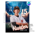 Baseball trading card and poster template editable in Canva with glowing stadium spotlight backdrop and player stats display alongside the athlete