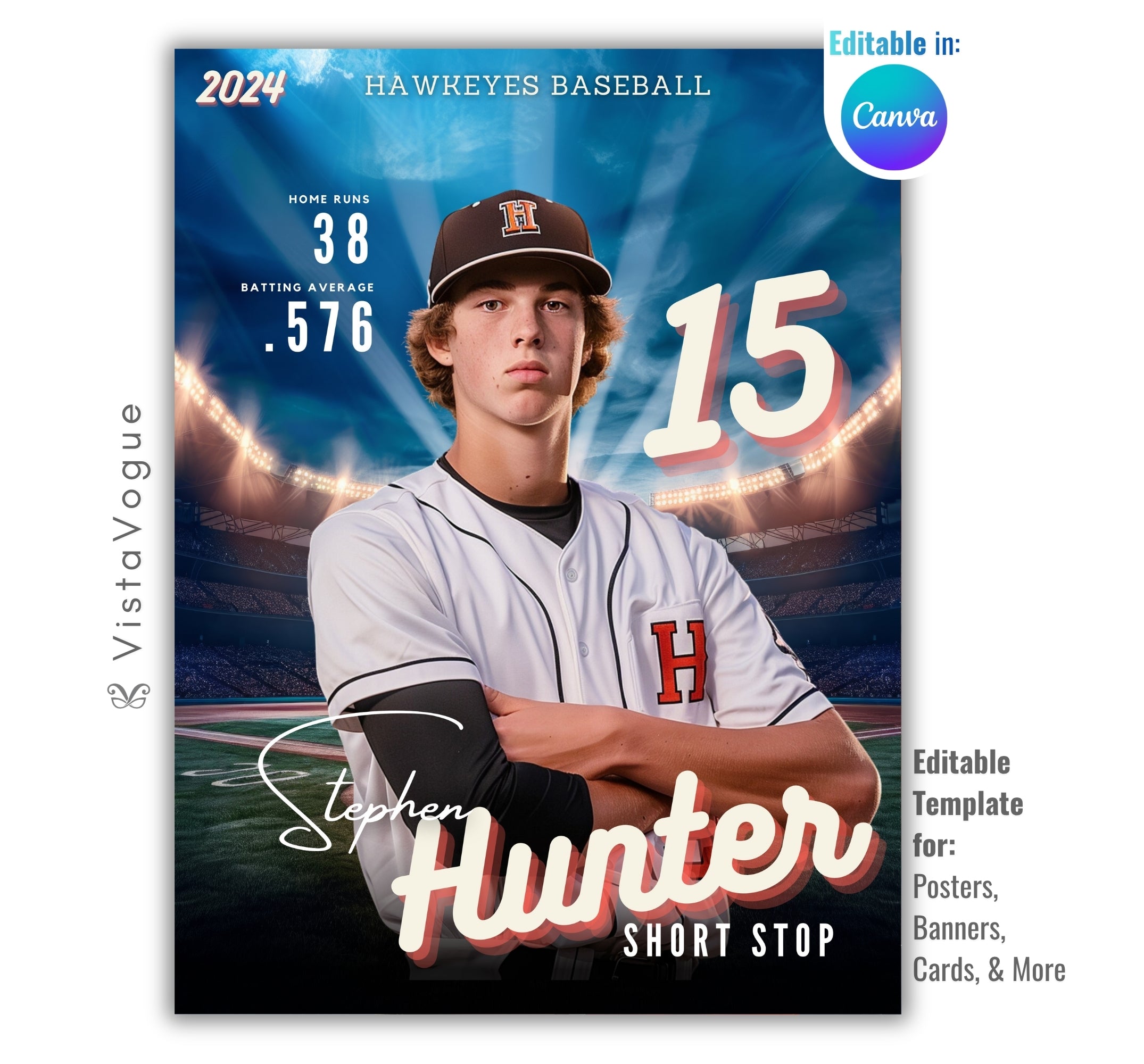 Baseball trading card and poster template editable in Canva with glowing stadium spotlight backdrop and player stats display alongside the athlete