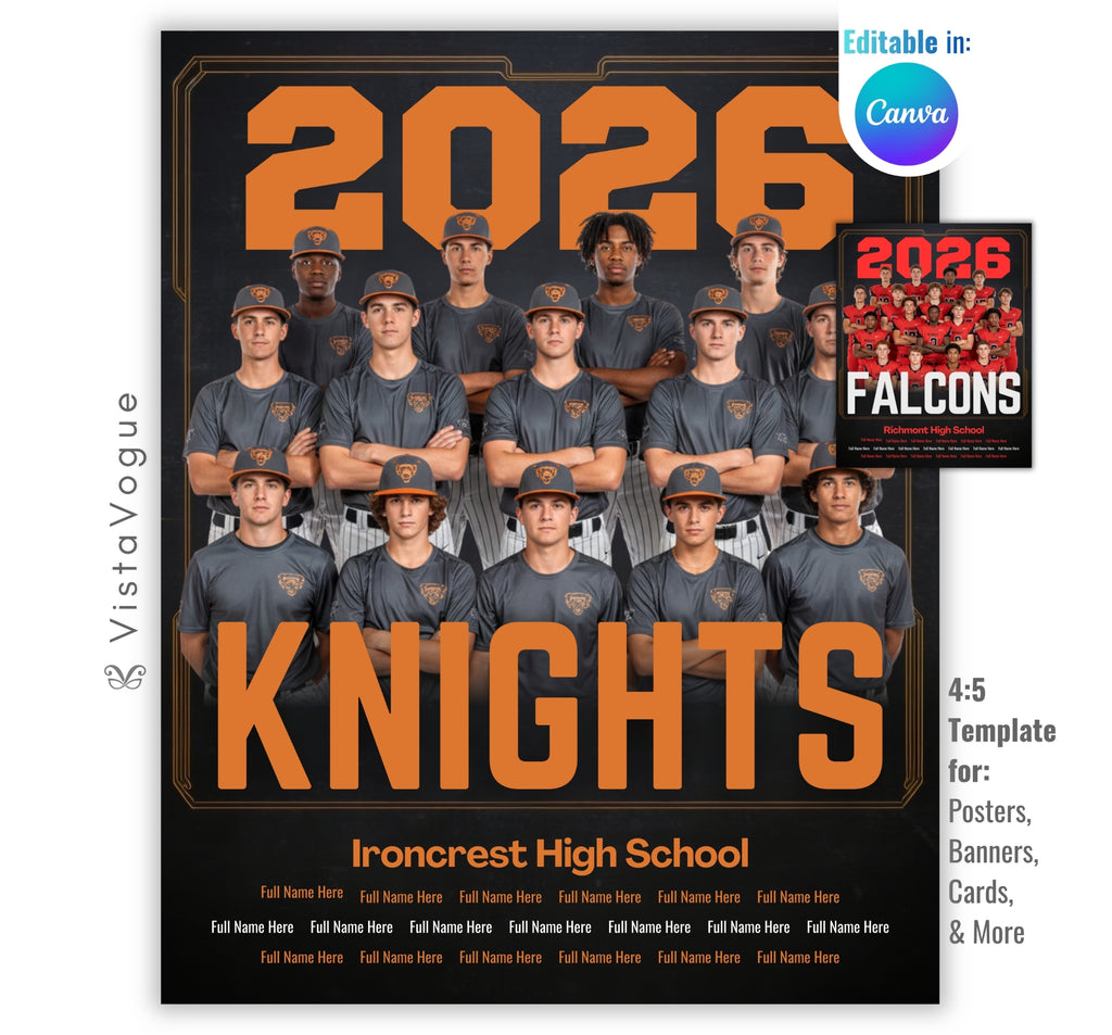 Baseball team poster template editable in Canva with oversized graduation year and team name typography framing a full group team photo