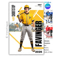 Baseball trading card and poster template editable in Canva with bold white geometric hexagon panel layout and action photo layered behind the athlete