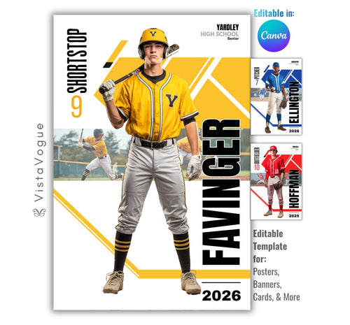Baseball trading card and poster template editable in Canva with bold white geometric hexagon panel layout and action photo layered behind the athlete
