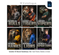 Baseball senior banner template for Photoshop with 42 mascot animal backgrounds including bulls, hawks, tigers, lions, vipers, and spartans for player posters and memory mates