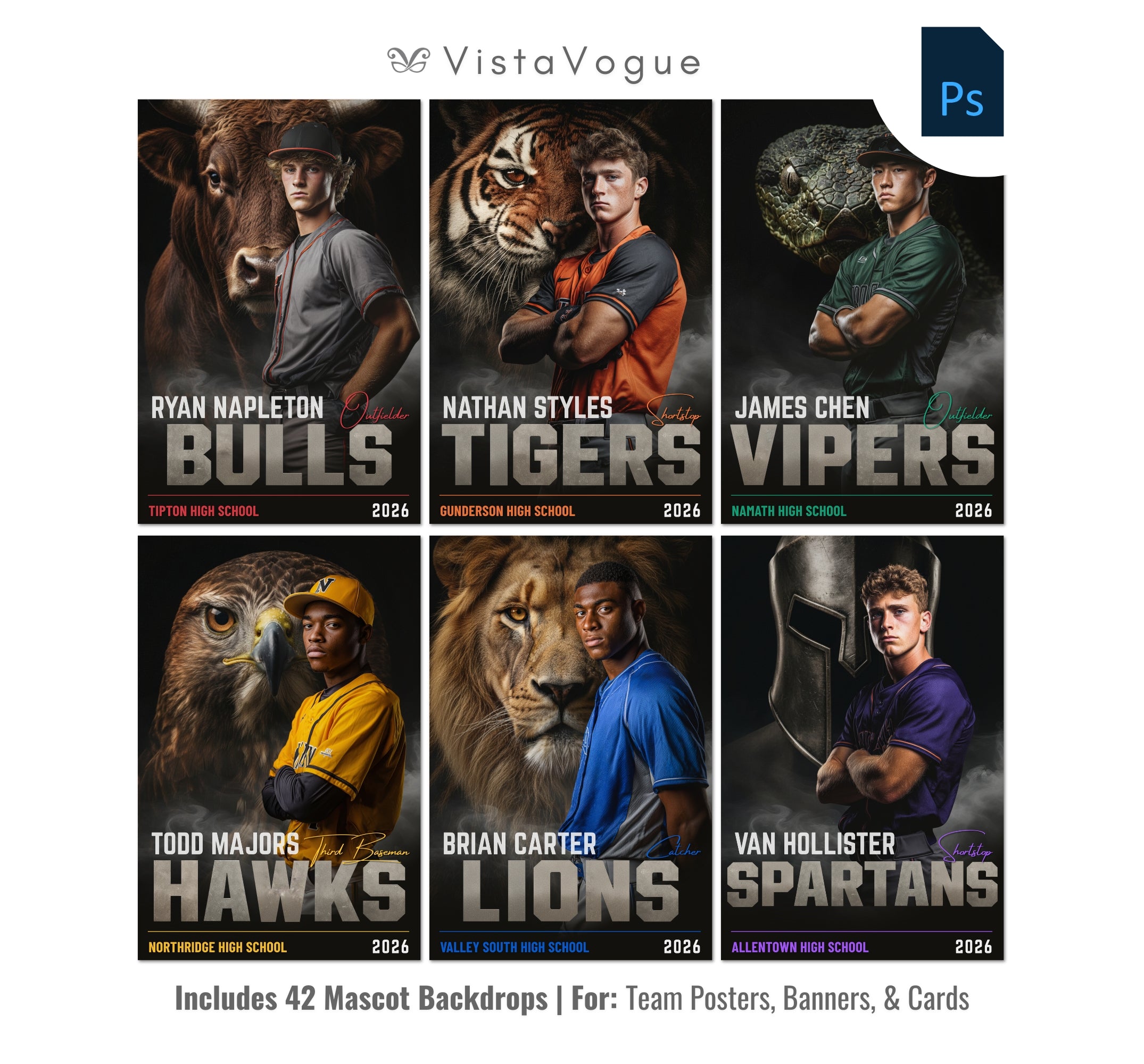 Baseball senior banner template for Photoshop with 42 mascot animal backgrounds including bulls, hawks, tigers, lions, vipers, and spartans for player posters and memory mates