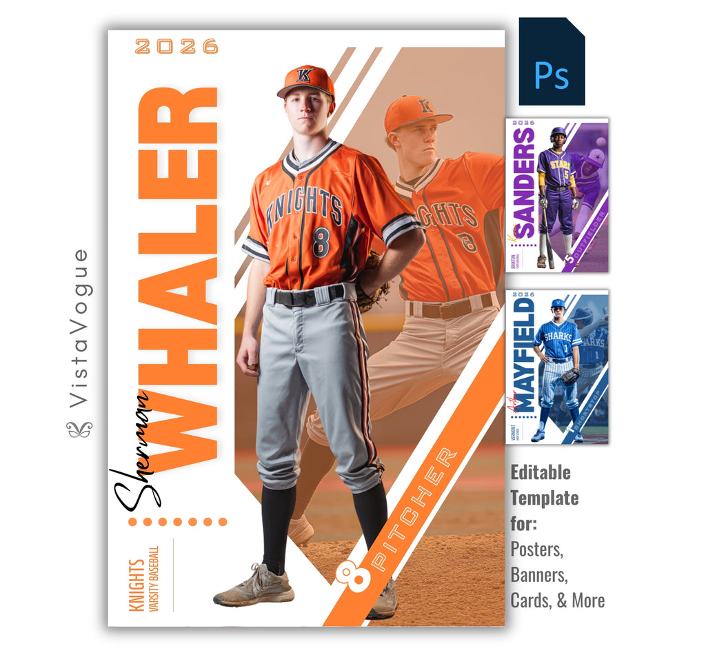Baseball senior banner template for Photoshop with clean geometric layout, layered athlete images, and customizable sports poster design for player cards and senior night graphics
