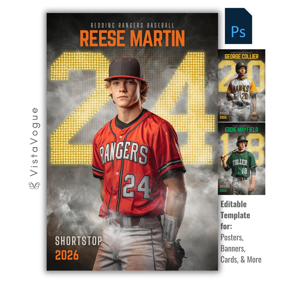 Baseball senior night poster and player banner template editable in Photoshop with an oversized glowing dotted scoreboard-style number and smoky dark backdrop behind the athlete