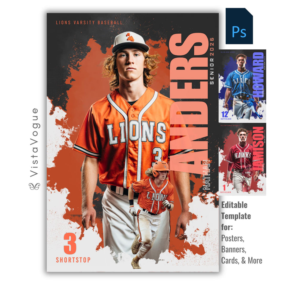 Baseball senior banner template for Photoshop with grunge burst background, layered athlete action pose, and high-impact player poster design for senior night and memory mates