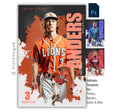 Baseball senior banner template for Photoshop with grunge burst background, layered athlete action pose, and high-impact player poster design for senior night and memory mates