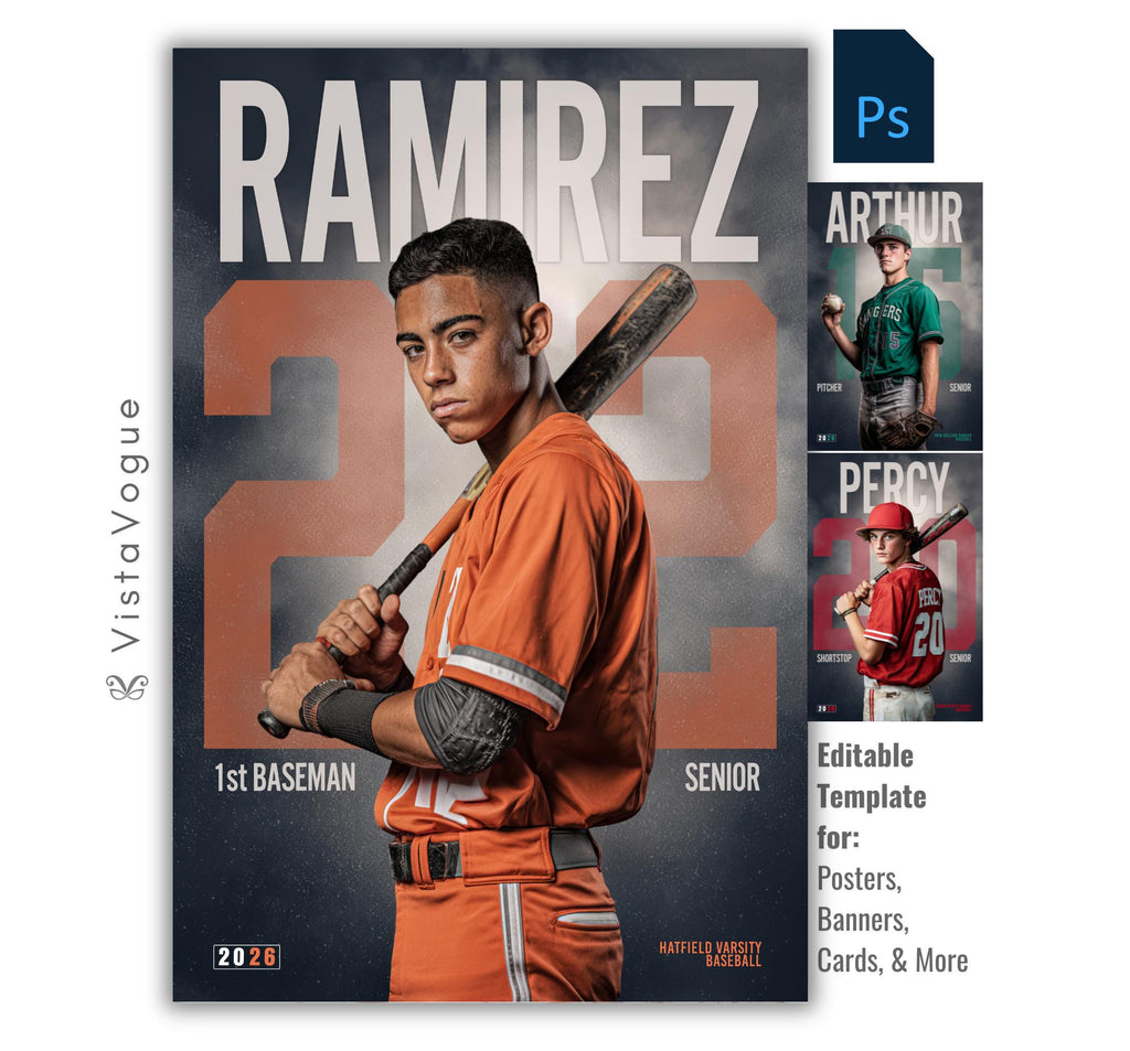 Baseball senior night poster template for Photoshop with oversized jersey number background, smoky texture effects, and customizable player banner design