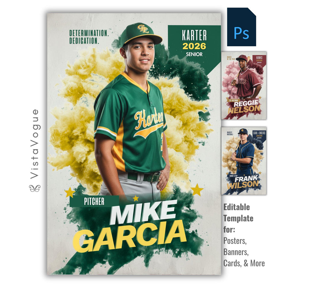 Baseball senior banner template for Photoshop with colorful smoke cloud backdrop, pitcher poster design, and athlete memory mate layout