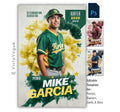Baseball senior banner template for Photoshop with colorful smoke cloud backdrop, pitcher poster design, and athlete memory mate layout
