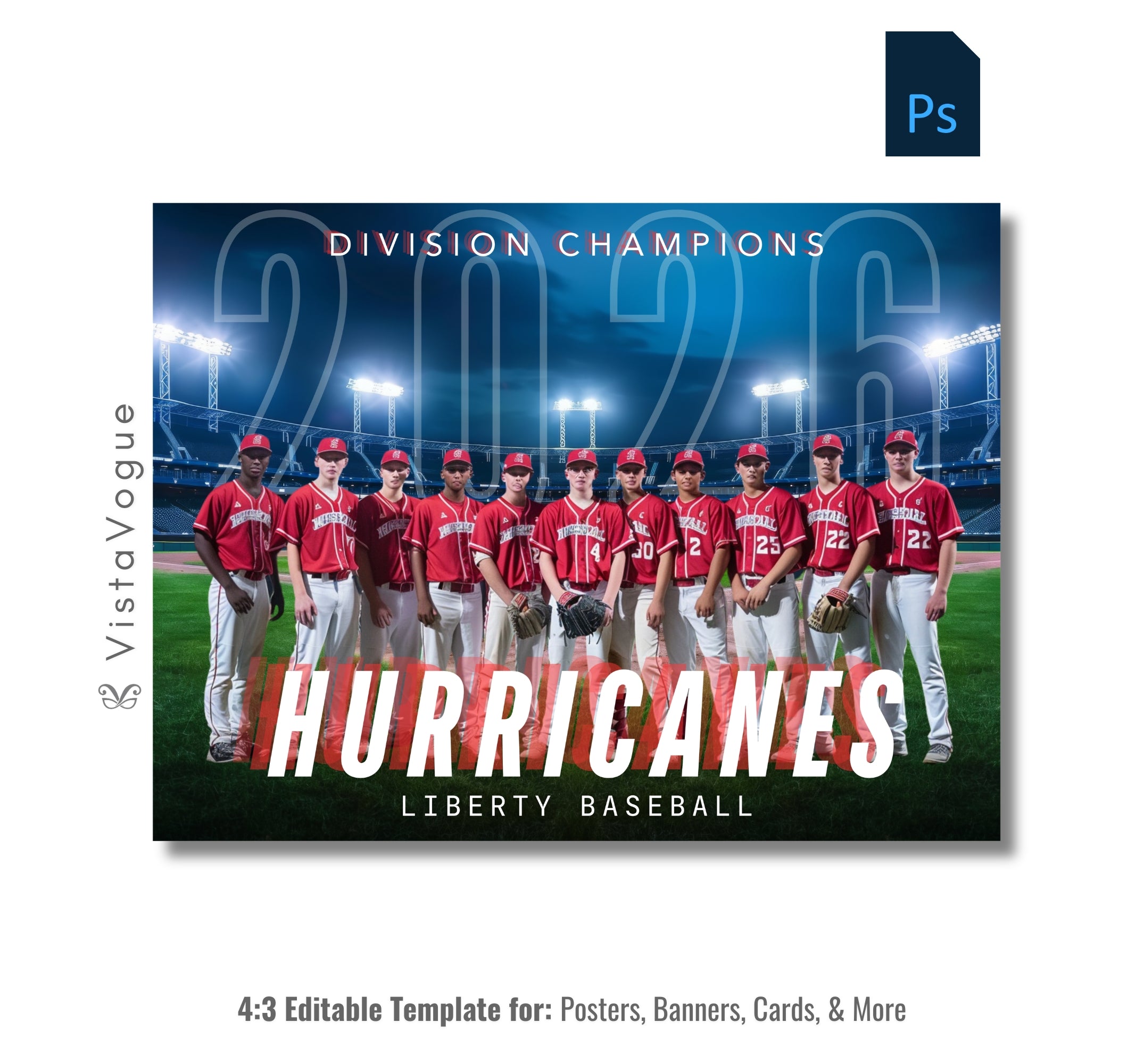 Baseball team banner template editable in Photoshop with glowing stadium lights backdrop behind a full team lineup on the field and oversized team name typography