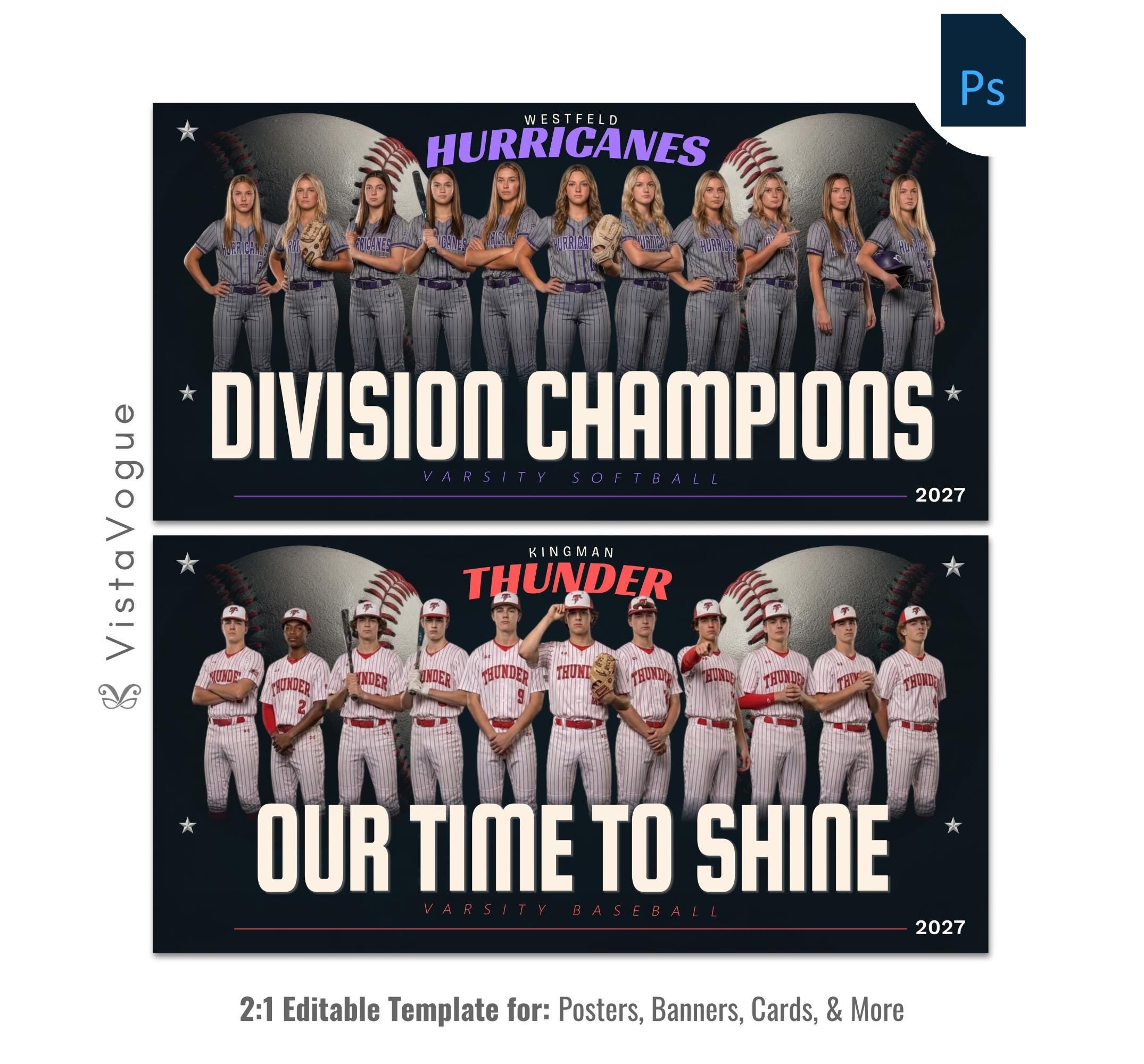 Baseball and softball team banner template editable in Photoshop with oversized baseball backdrop and dark spotlight behind a full team lineup and bold motivational typography