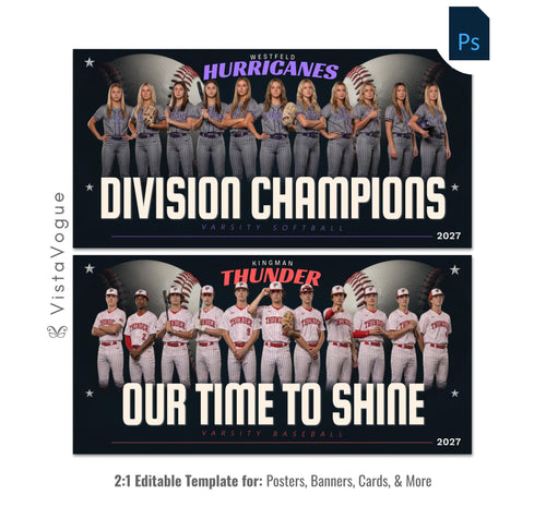 Baseball and softball team banner template editable in Photoshop with oversized baseball backdrop and dark spotlight behind a full team lineup and bold motivational typography
