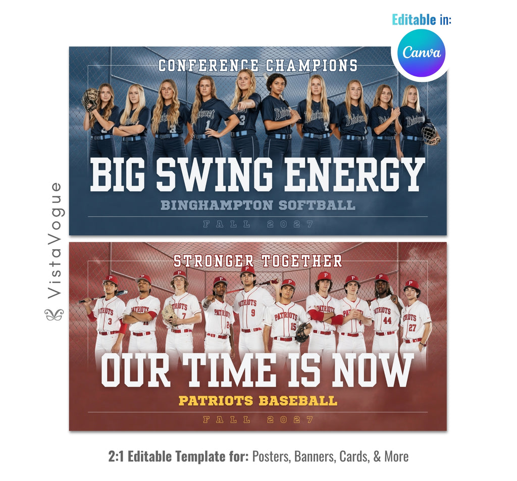 Baseball and softball team banner template editable in Canva with chain link fence backdrop, bold team typography, and customizable senior night team poster design