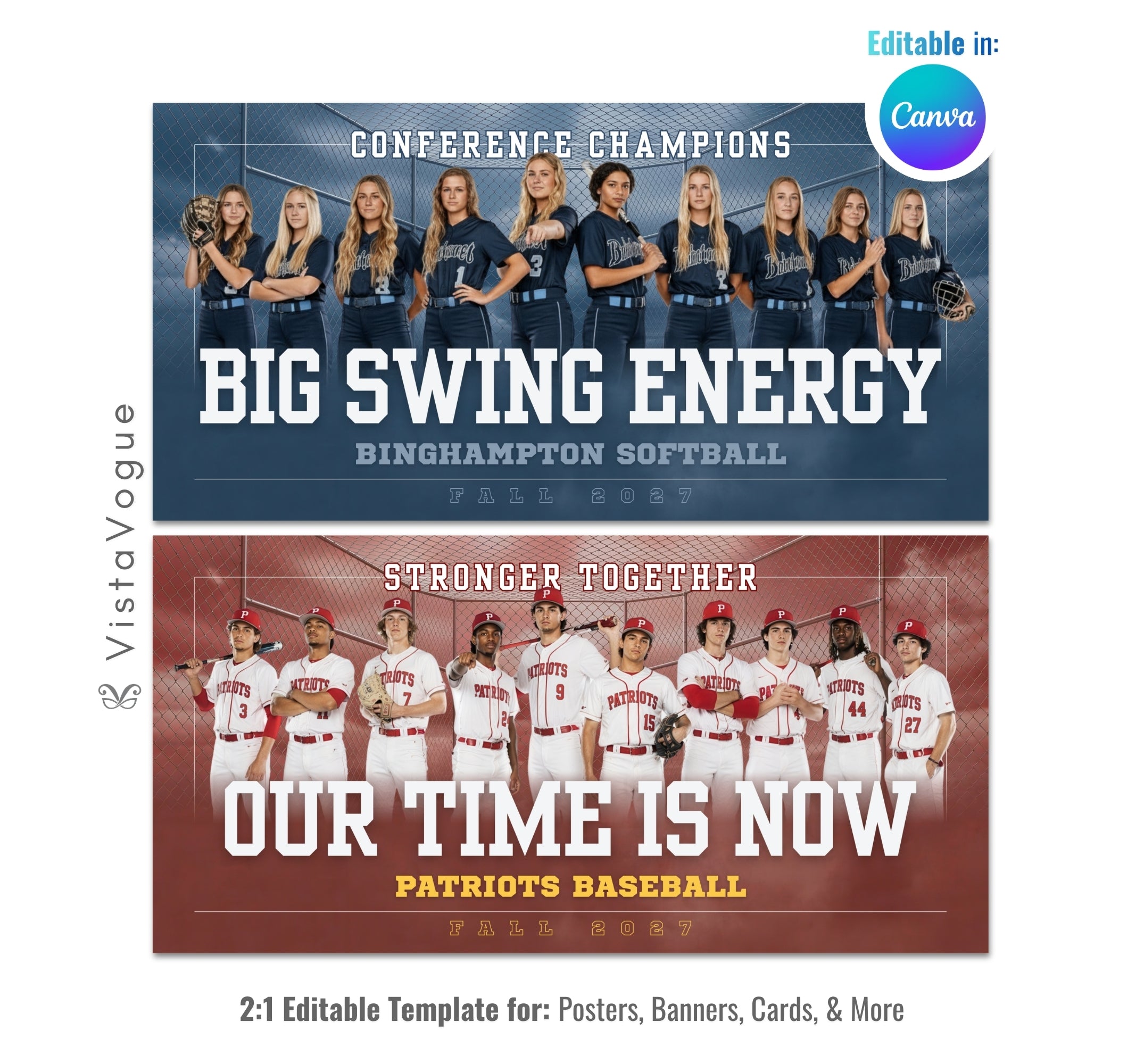 Baseball and softball team banner template editable in Canva with chain link fence backdrop, bold team typography, and customizable senior night team poster design