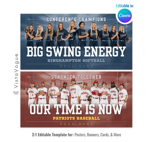 Baseball and softball team banner template editable in Canva with chain link fence backdrop, bold team typography, and customizable senior night team poster design
