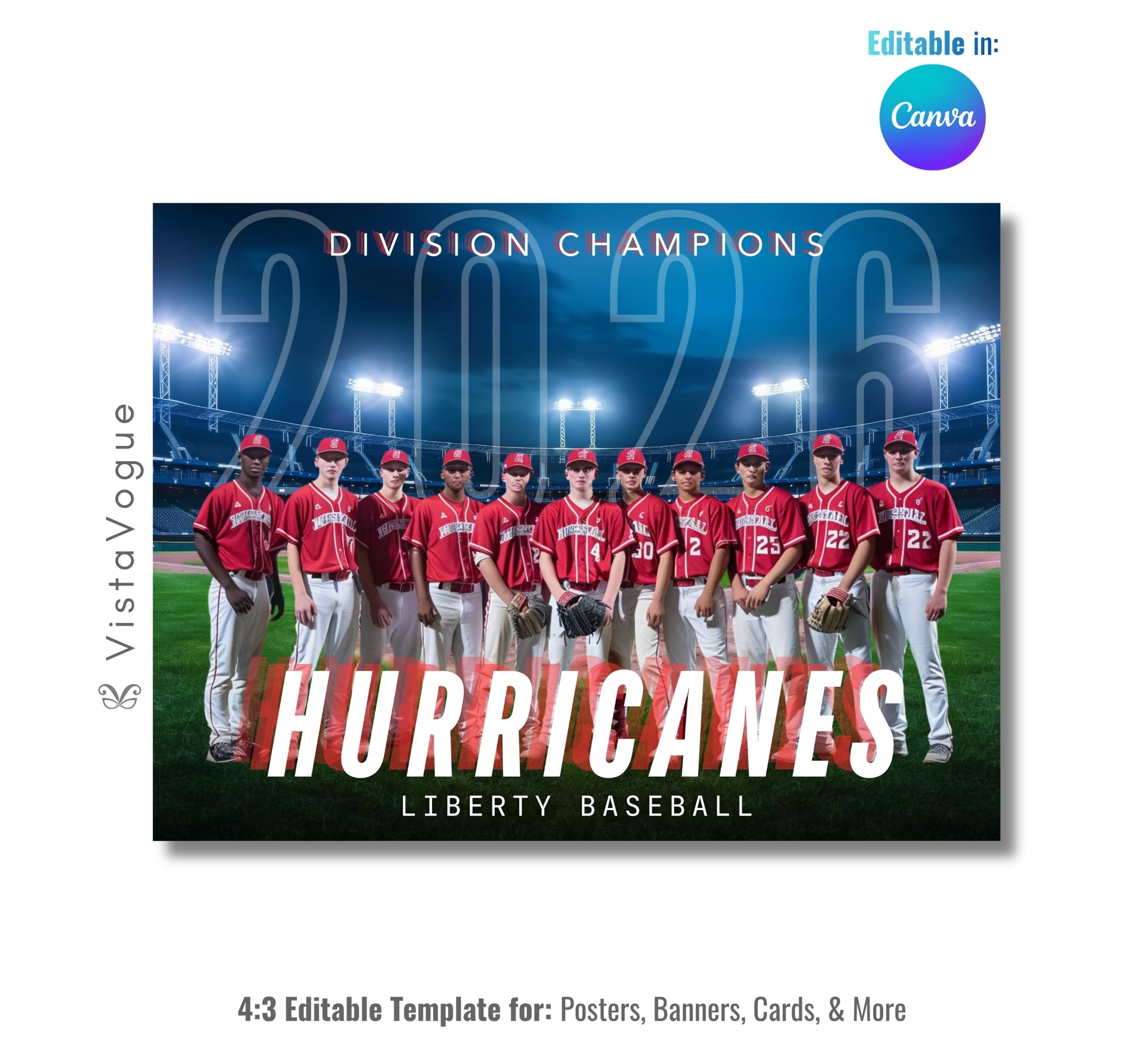 Baseball team poster template editable in Canva with stadium lights backdrop, oversized year graphics, and dramatic senior night team banner layout