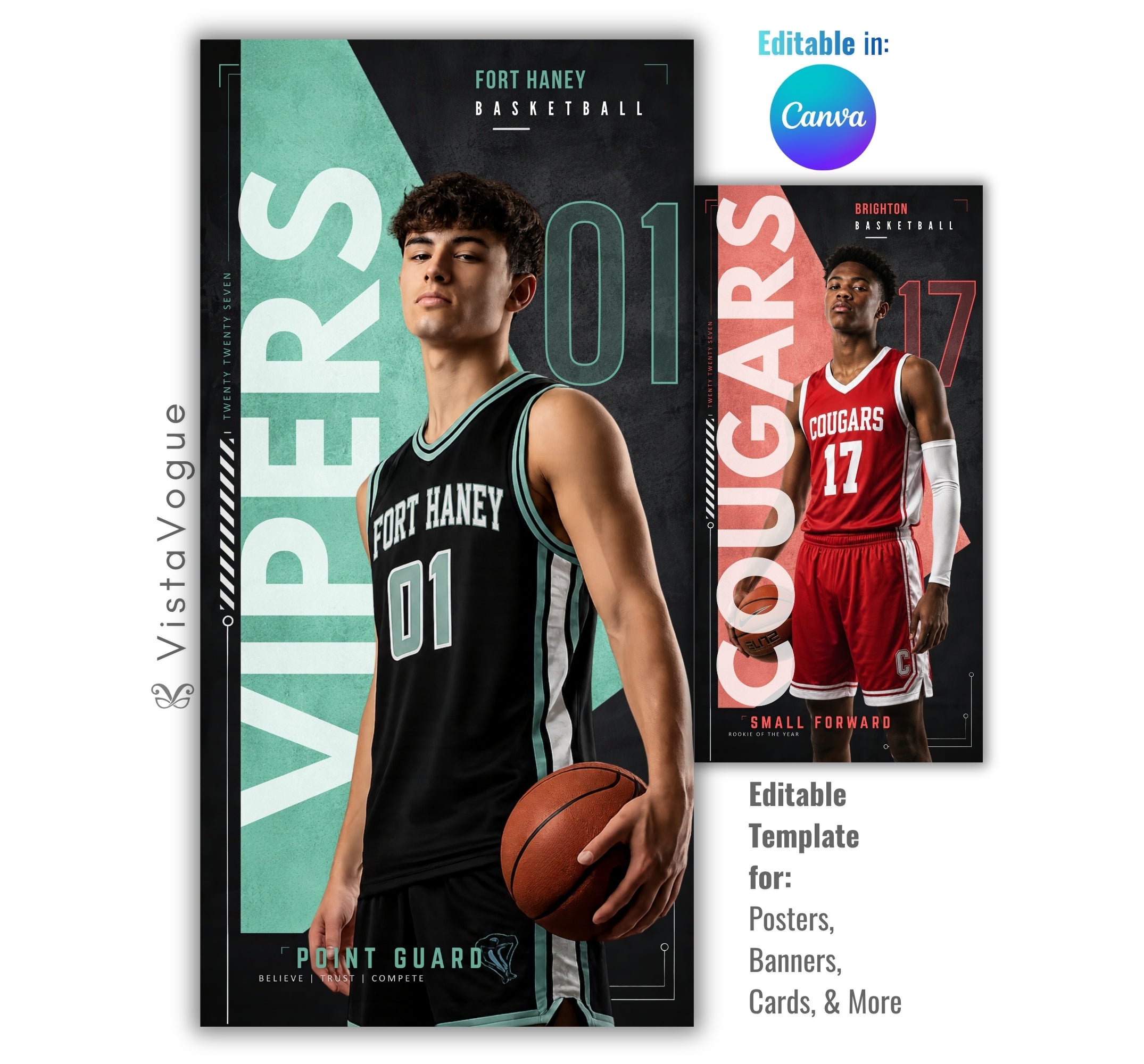 Editable basketball banner template with geometric sports poster design shown in Canva mockup