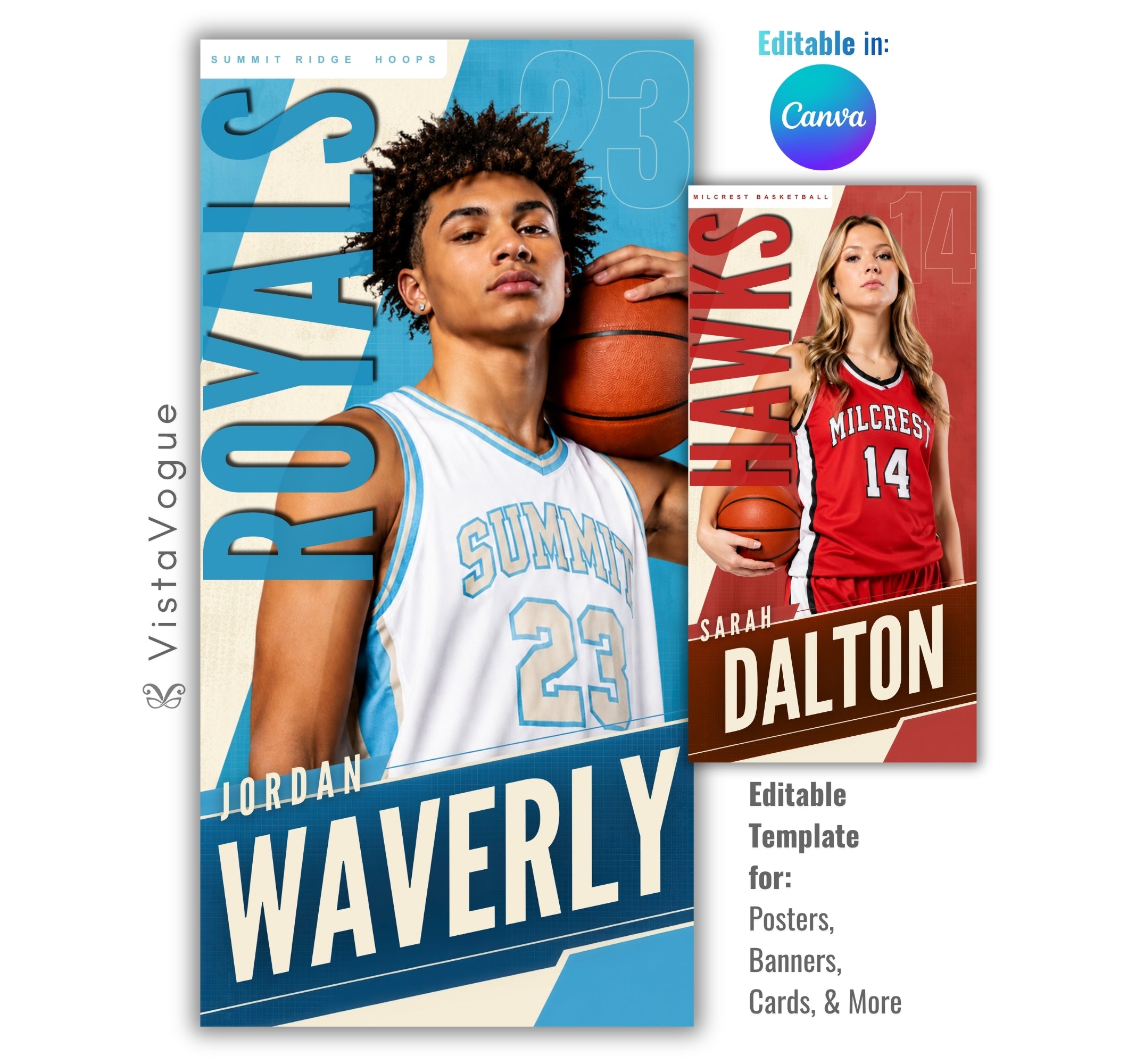 Editable basketball banner template with modern sports poster design shown in Canva mockup