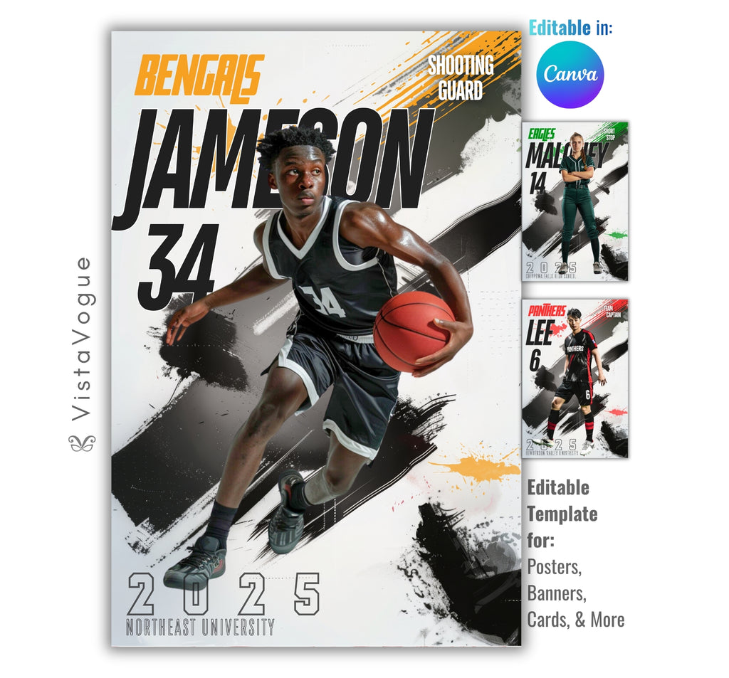 Basketball senior night poster template editable in Canva with bold brush stroke graphics, oversized typography, and customizable athlete banner design for player posters and sports cards