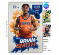 Basketball senior night poster and player banner template editable in Canva with dual color smoke burst explosion and grunge texture backdrop behind the full-body athlete