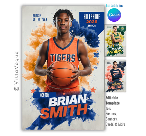 Basketball senior night poster and player banner template editable in Canva with dual color smoke burst explosion and grunge texture backdrop behind the full-body athlete