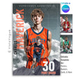 Basketball senior night poster and player banner template editable in Canva with dual photo layout and dramatic stormy mountain sky backdrop behind the athlete