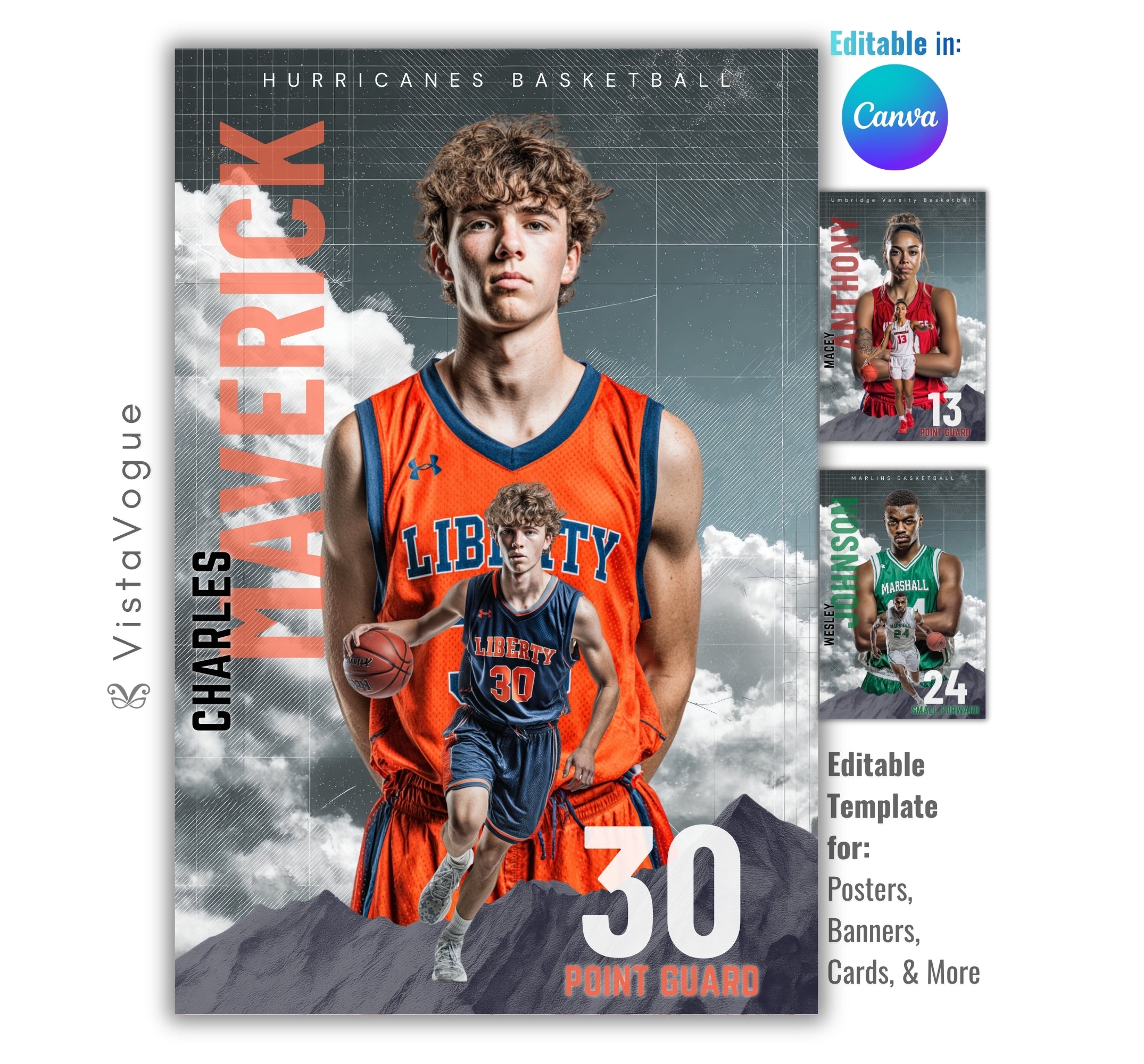 Basketball senior night poster and player banner template editable in Canva with dual photo layout and dramatic stormy mountain sky backdrop behind the athlete