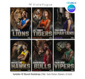 Basketball sports card and poster template editable in Canva with realistic mascot animal backdrop layered behind the athlete and bold team name typography