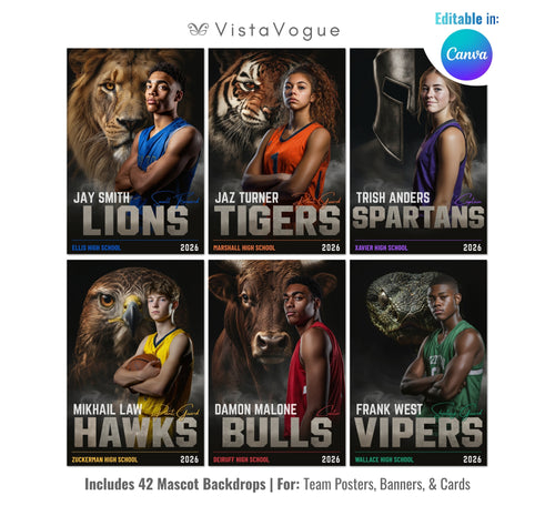 Basketball sports card and poster template editable in Canva with realistic mascot animal backdrop layered behind the athlete and bold team name typography